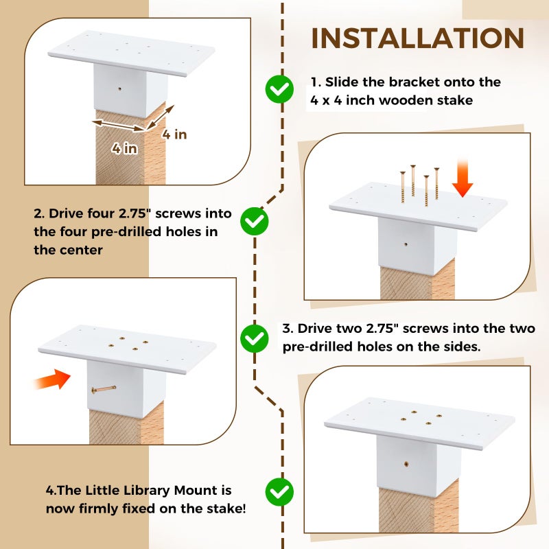 Threehoney Outdoor Little Library Mount 14x8x5.91 Inch Stable Wood Storage Box Bracket Holder Suitable for 4x4 Post with Mounting Accessories for Community Cabinet Lending Library Box(White) - Image 5